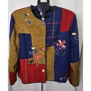 Vintage Women's XL Koret City Blues Patchwork Jacket Embroidered Floral